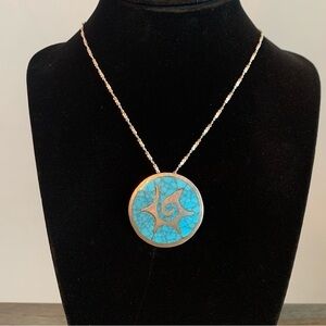 Sterling Silver Necklace Crushed Turquoise Pendant Brooch Vtg Stamp 925 FJCTaxco